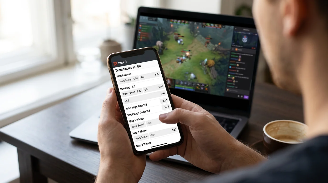 Pantalla de operador mostrando mercados de apuestas en una partida de Dota 2